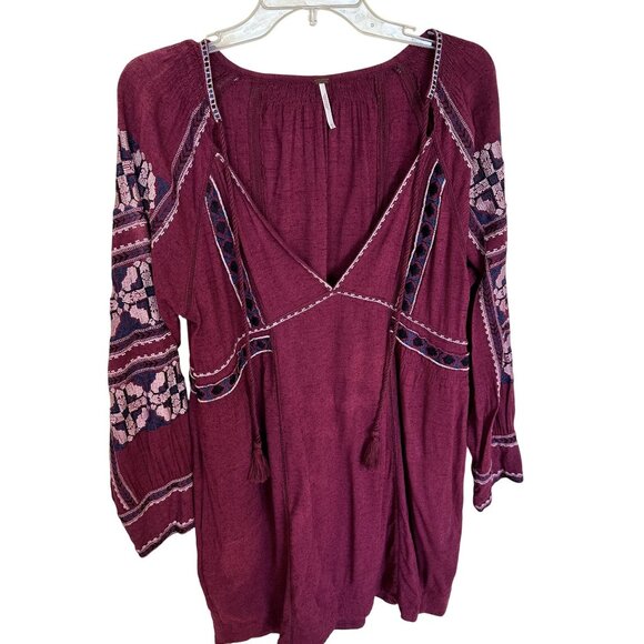 Free People Burgundy Boho Tunic Dress Embroidered Details & Tassel Accents Med - Picture 1 of 10